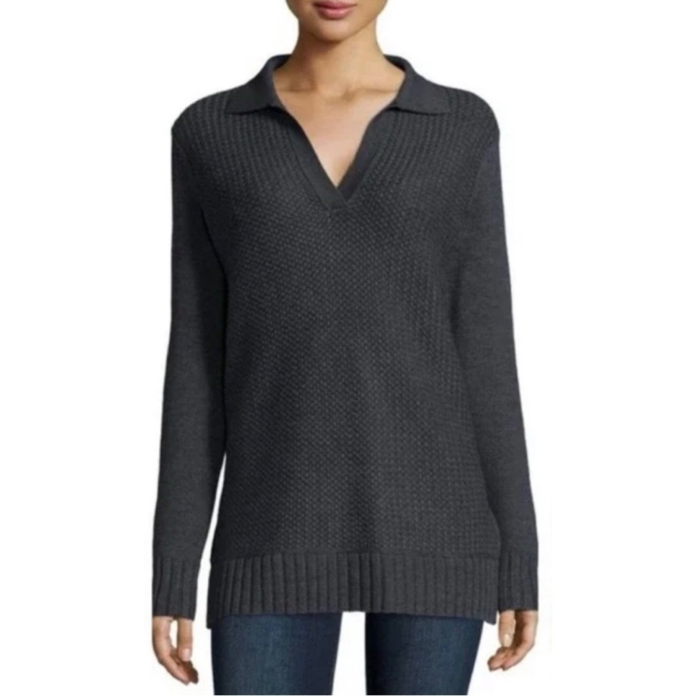 Tory Burch Sweater Henley Melange Wool Honeycomb Classic Minimalist Academia M